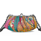 Taki Small Pleated Crossbody Leather Clutch - Abstract Paisley Retro Psychedelic Print - Handmade in England - Chain Strap - Metal Frame